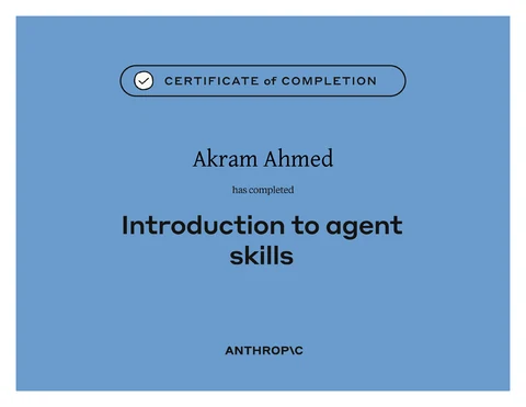 Anthropic Academy certificate of completion: Introduction to agent Skills