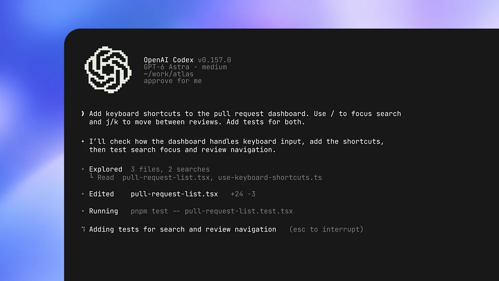 OpenAI's dark Codex terminal interface with a task prompt and session controls.