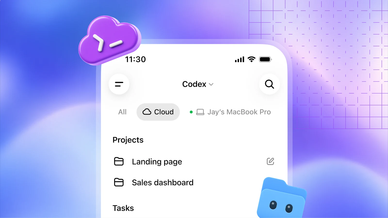 OpenAI's mobile Codex Cloud interface listing landing-page and sales-dashboard projects.