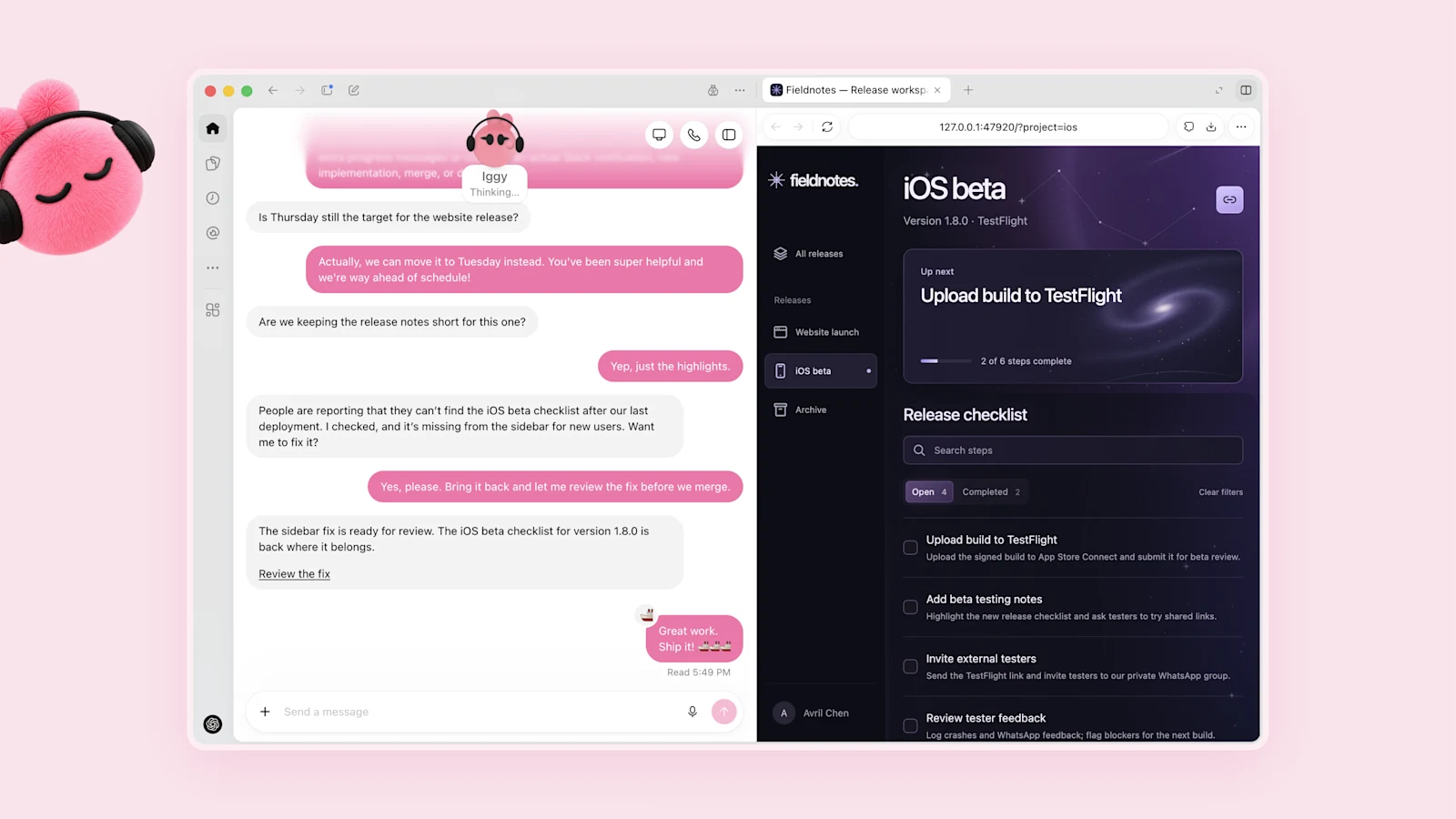 OpenAI's illustrative dot conversation beside a Fieldnotes iOS beta checklist, with a sidebar fix ready for review.