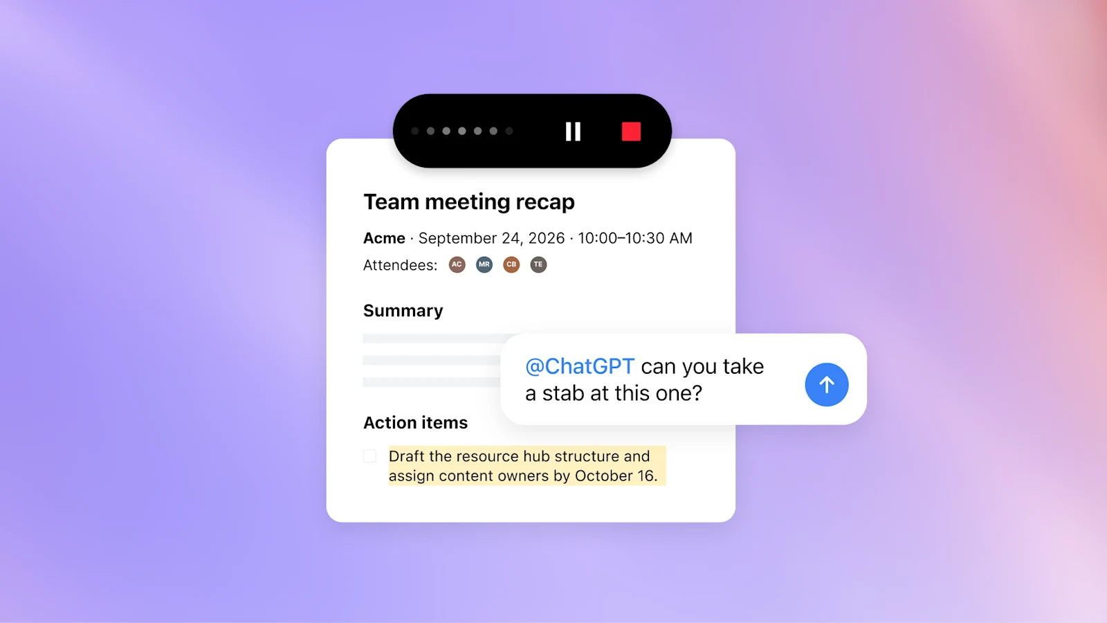 OpenAI's team-meeting recap with action items and a request asking ChatGPT to help with one item.