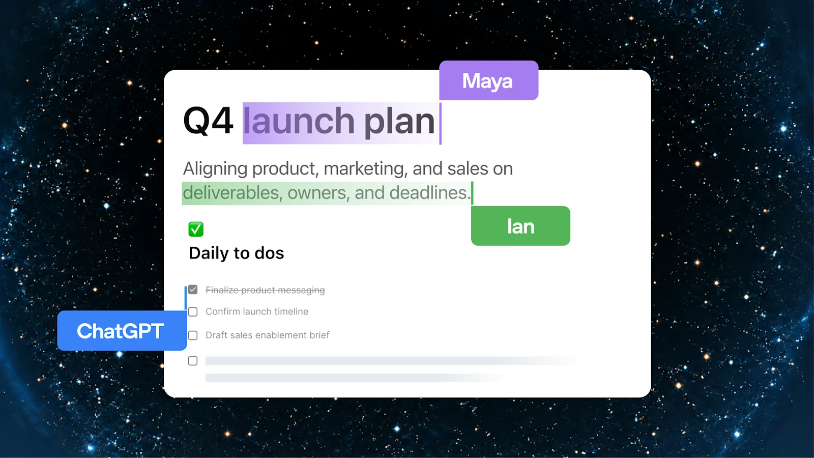 OpenAI's Q4 launch-plan page with Maya, Ian, and ChatGPT contribution markers and a document outline.