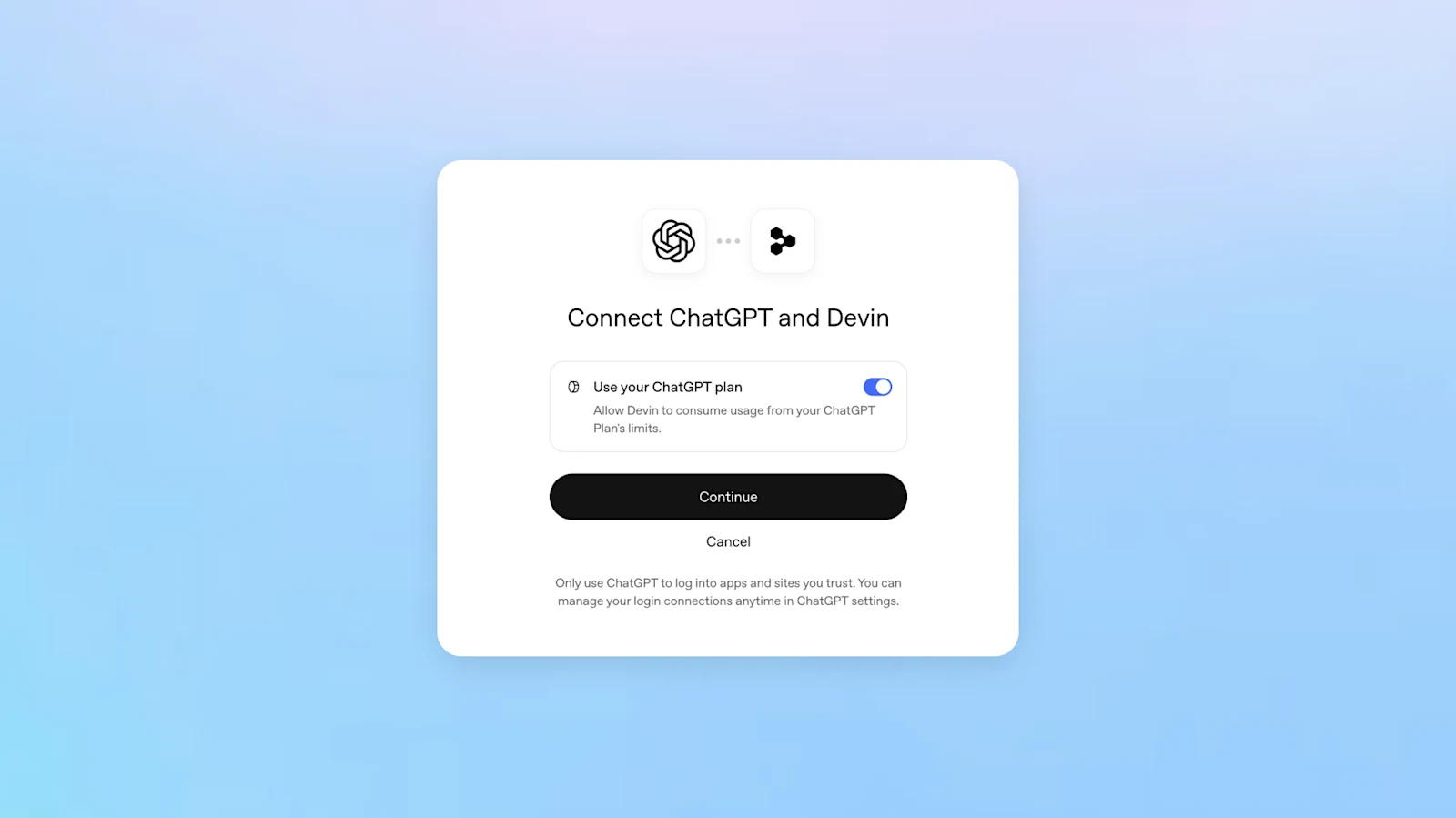 OpenAI's Connect ChatGPT and Devin dialog with a consent button over an illustrated background.