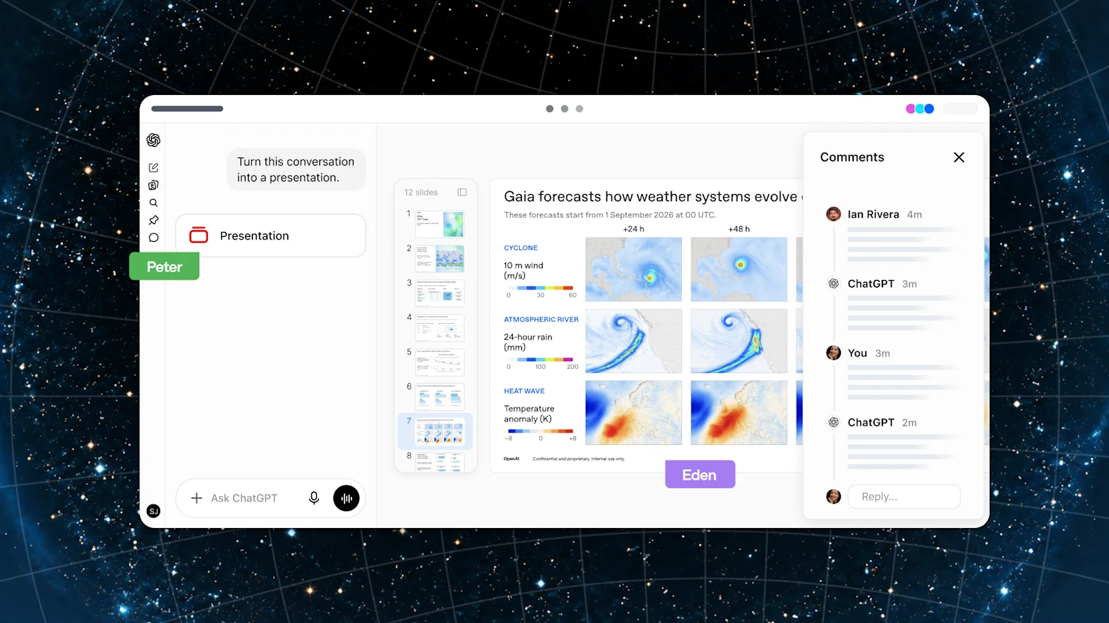 OpenAI's collaborative presentation-editor preview with slide thumbnails, a central slide, and a comments panel.