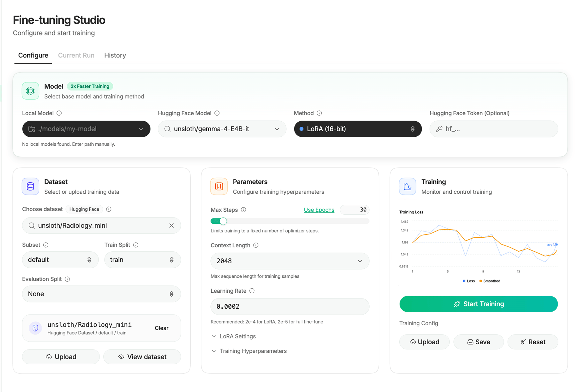 Fine-tuning Studio interface for configuring and monitoring a local model training run