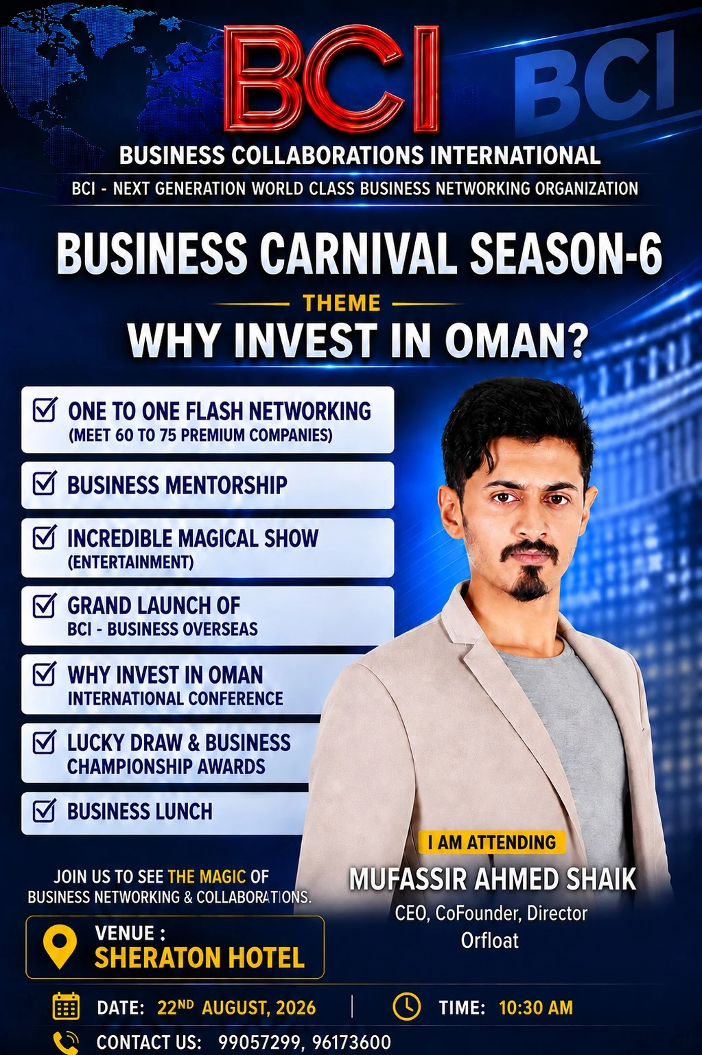 BCI Business Carnival Season 6 flyer featuring Mufassir Ahmed Shaik and the event details